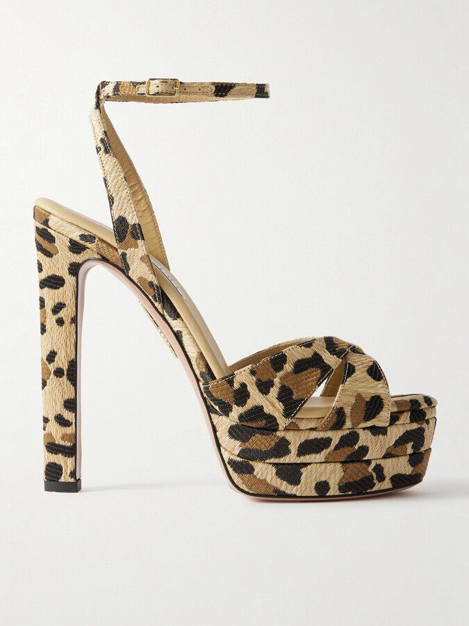 Aquazzura Divine Plateau 130 Leopard-print Raffia Platform Sandals - Animal print