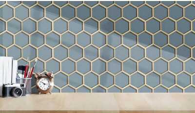 Tile & Top 3-In Hexagon Dark Blue Glass With Silver Edge 11-In X 9-In Glass Mosaic Wall Tile(0.7-Sq. Ft/ Piece)