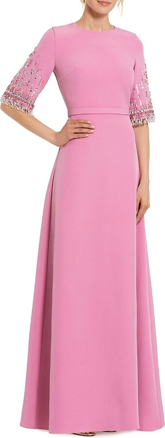 Mac Duggal Crepe A Line Gown With Beaded 3/4 Sleeves