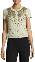 Thumbnail for your product : Valentino Cashmere-Blend Flower-Beaded Tulle Knit Cardigan, Green