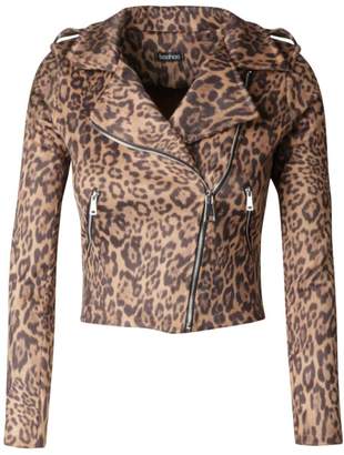 boohoo Plus Leopard Print Suedette Biker Jacket