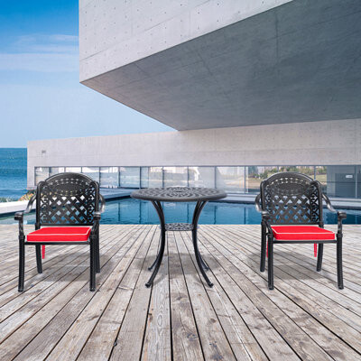 Astoria Grand 3-Piece Set Of Cast Aluminum Patio Furniture With Red Cushions