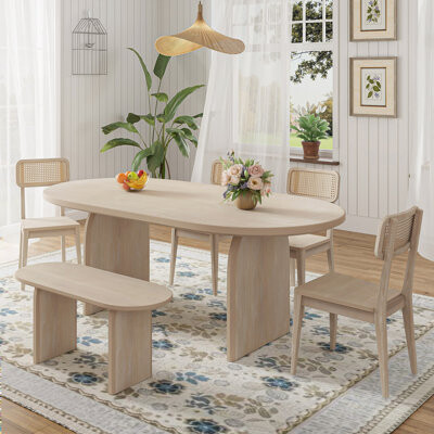 East Urban Home 6 Piece Dining Table Set with BenchOval Kitchen Table Chairs Set for 6 Modern Style Dining Room SetNatural