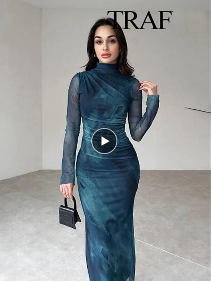 BTB.WO Women Print Tulle Bodycon Slim Dress Fashion Silk Mesh Midi Dress Women Long Sleeve Vintage Elegant Long Dresses