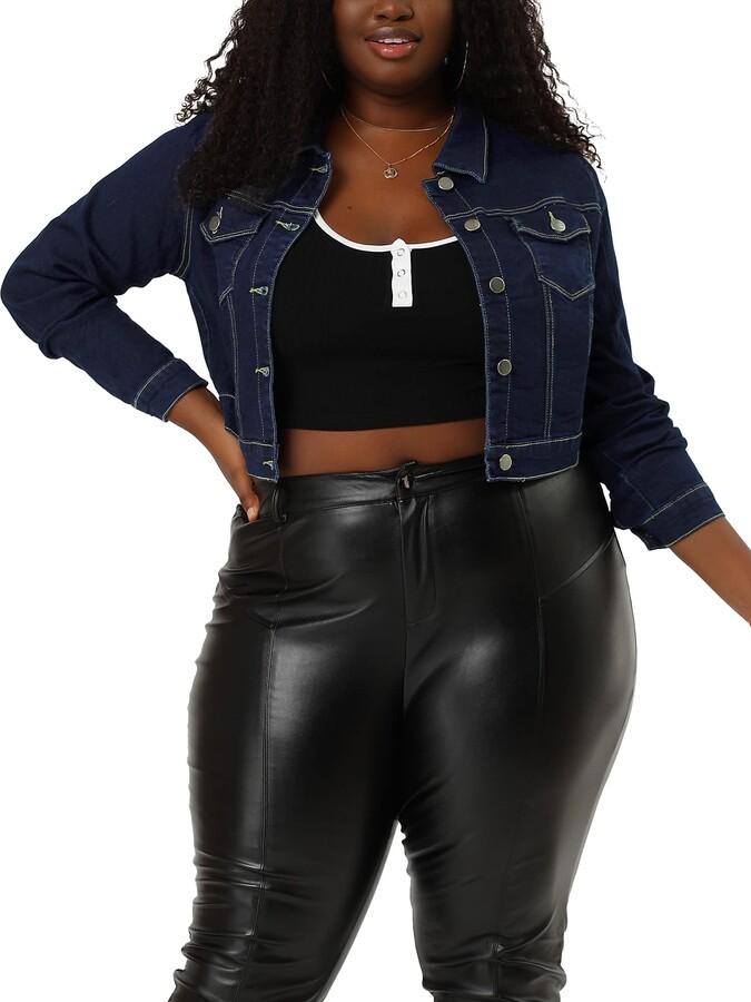 Uxcell Women's Plus Size Button Closed Cropped Denim Jacket Blue 1X -  ShopStyle