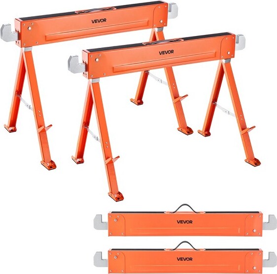 VEVORSawHorses2PackFoldingWorkHorses1323lbsLoadCapacitySawhorsewithHeavyDutyLegsAll-MetalPortableSawHorseOrange