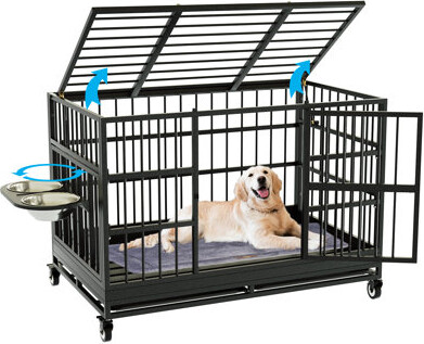 MOLYHOM 48 Inch Heavy Duty Dog Crate With Wheels, Folding Metal Extra