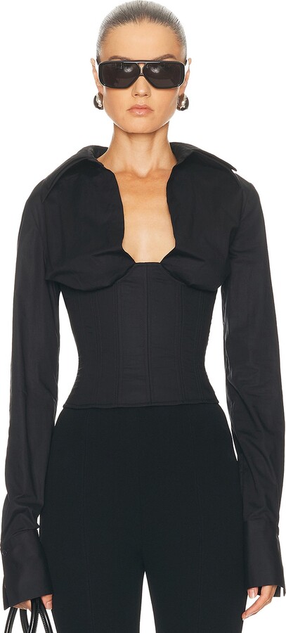 LaQuan Smith Long Sleeve Collared Corset Top in Black