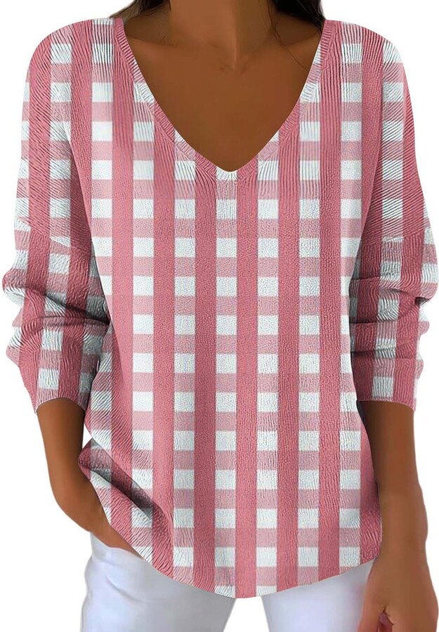 HGps8w Women's Knitted Long Sleeve Plaid T-Shirts Plus Size V Neck Dressy Tunic Tops Loose Fall 2025 Going Out Casual Blouse