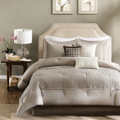 Kivaritio King Size Charmeuse Comforter In Taupe 7 Pieces  With Bed Skirt & Shams Taupe For King Piece Fill Machine Washable
