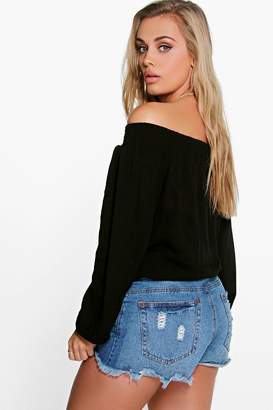boohoo Plus Emma Woven Crinkle Off The Shoulder Top