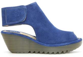 Fly London Yone Blue Suede Backless Wedge Sandal
