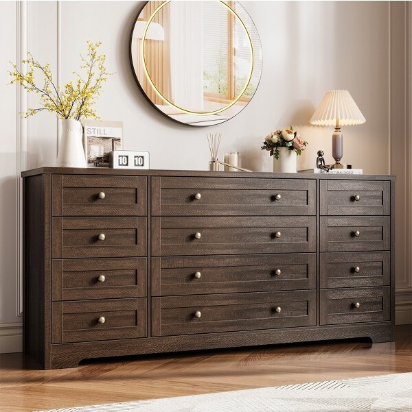 Fulvari WoodenDressersforBedroomwith12Drawers,WideTVStandDresserfor65InchTV,ChestofDrawersBrown