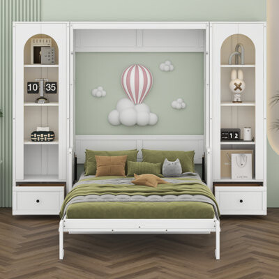 Queen Size Murphy Bed With Desk, Wall Bed With Storage Side Cabinets, Drawers And LED Light, Hideaway Wall Bed Frame With Shelves