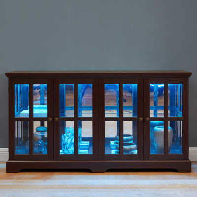 Alcott Hill Antique Cherry Cabinet With Adjustable Shelves And Multi-Color Led Lights Gorgeous Display Glass Vintage Metal Handles