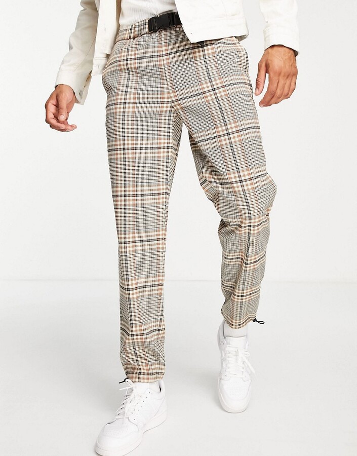 Topman relaxed neutral check trousers in brown with belt and