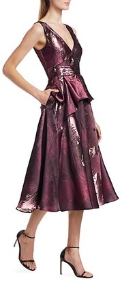 Marchesa Notte Metallic Jacquard Peplum Tea Gown