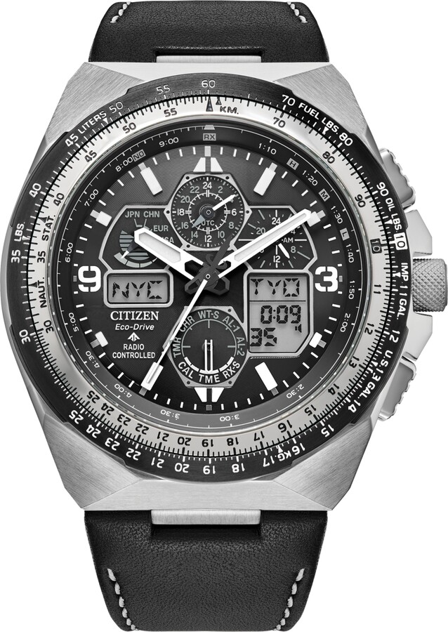 Citizen Eco-Drive Men's Chronograph Promaster Skyhawk Black Leather Strap Watch 46mm