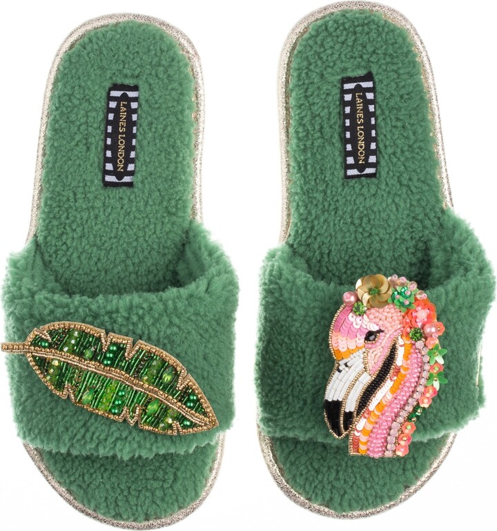 LAINES LONDON Teddy Towelling Slipper Sliders With Artisan