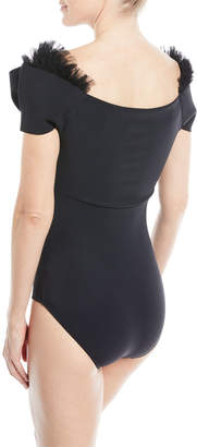 Chiara Boni La Petite Robe Beso Off-the-Shoulder Solid One-Piece Swimsuit with Mesh Trim