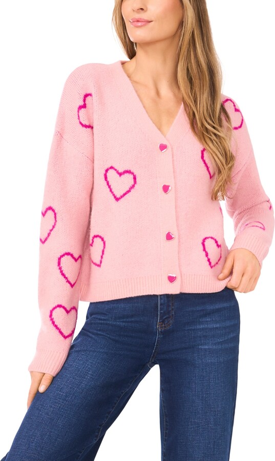 CeCe Women's V-Neck Heart Jacquard Cardigan Sweater