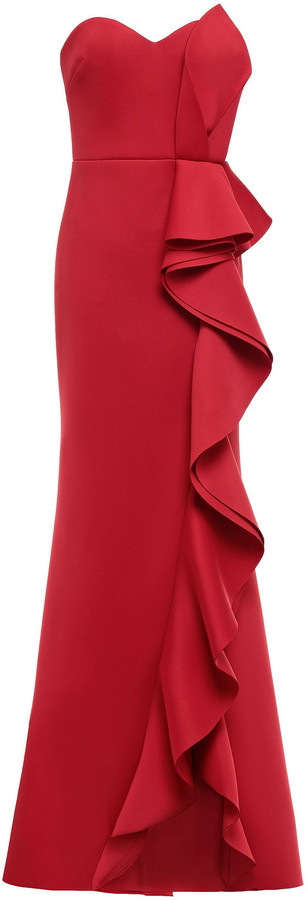 badgley mischka red cold shoulder gown