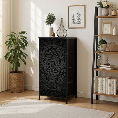 4 Drawer Vertical Storage Dresser Damask floral Royal Flowers black with Wood Top Fabric Pull Drawers