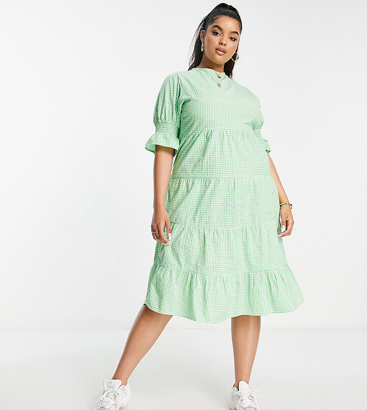 Influence Plus short frill sleeve midi dress in green gingham - ShopStyle