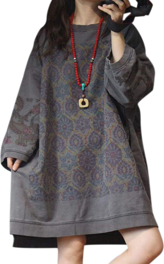 YESNO Women Casual Plus Size Long Hoodies Sweatshirt Ladies Ethnic Floral Jumper Dresses Loose Pullovers Coat Long Sleeve with Pocket JGPUKG 