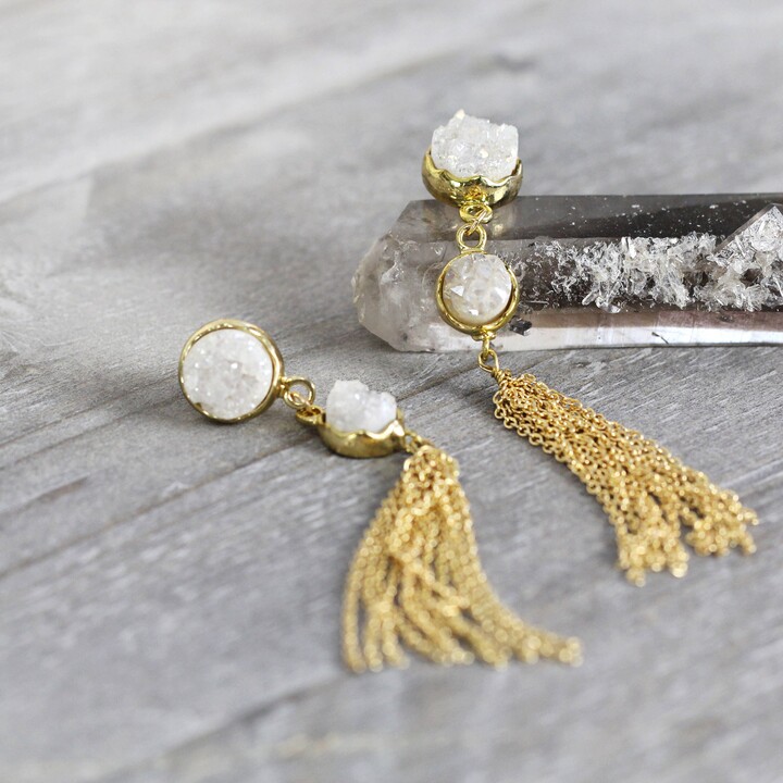 Etsy Black Friday Sale Statement Earrings - White Druzy Tassel Gold Chain Long