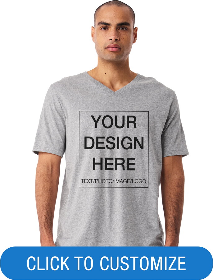 BELLA+CANVAS Adult Short Sleeve V-Neck Personalized T-Shirt, Create your own Designs, Athletic Heather, Grey, Extra Large, Unisex