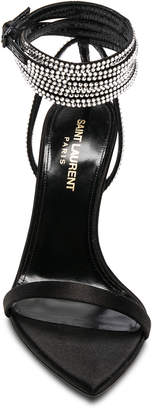 Saint Laurent Tower Crystal Embellished Satin Ankle Strap Sandals in Black | FWRD