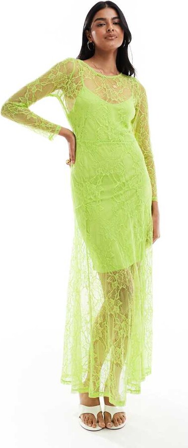 Object long sleeve sheer lace maxi dress in lime green