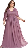 Thumbnail for your product : Ever-Pretty Plus Ever-Pretty Women's V Neck A Line Ruffle Sleeves Chiffon Empire Waist Plus Size Maxi Evening Dresses Burgundy 22UK