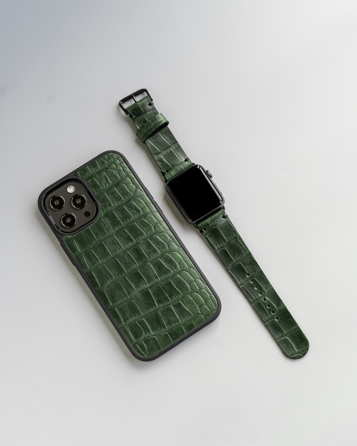Green Crocodile Embossed Apple Watch Band, Personalized Iphone 14 Pro Case, Leather Gift Set, Custom 16 Strap