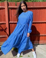Thumbnail for your product : Monki Florentina organic cotton poplin trapeze maxi dress with drawstring in blue