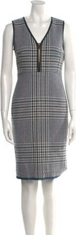 Tory Burch Wool Sheath Dress Blue Houndstooth Print Leather & Raw-Edge Accents Sleeveless with V-Neck Exposed Zip Closure at Front Designer