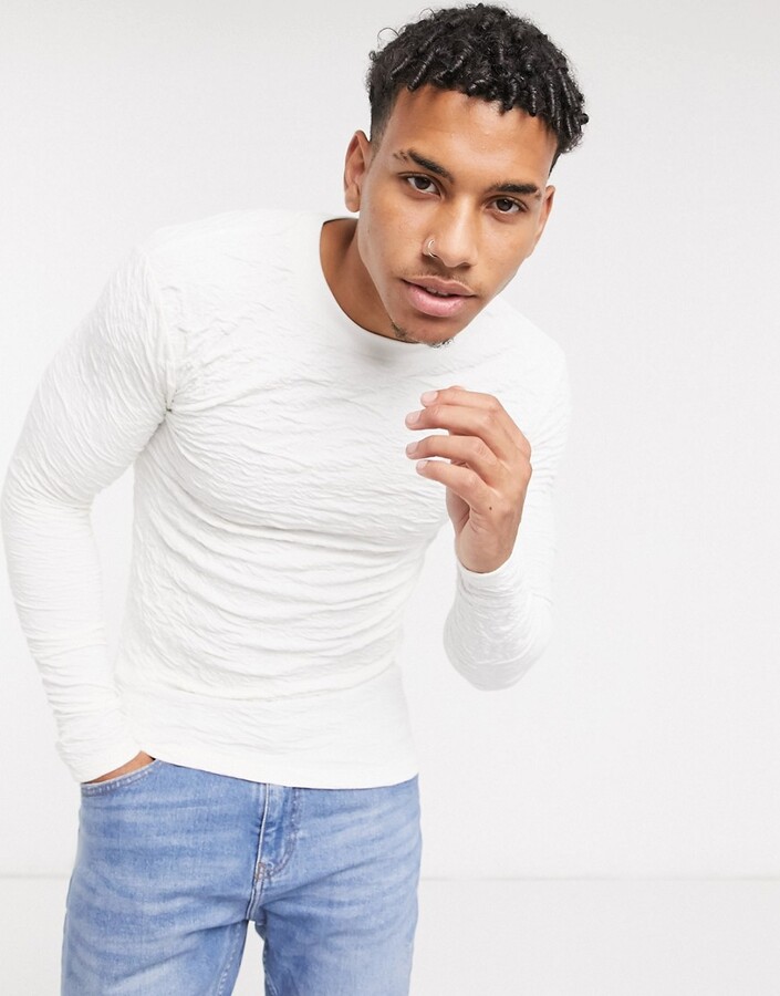 ASOS DESIGN muscle long sleeve t-shirt in off-white texture fabric ...