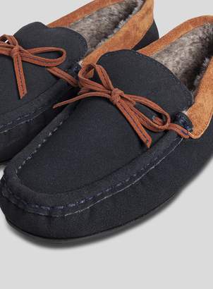 Tu Navy Suede Contrast Tan Lace Moccasin Slippers