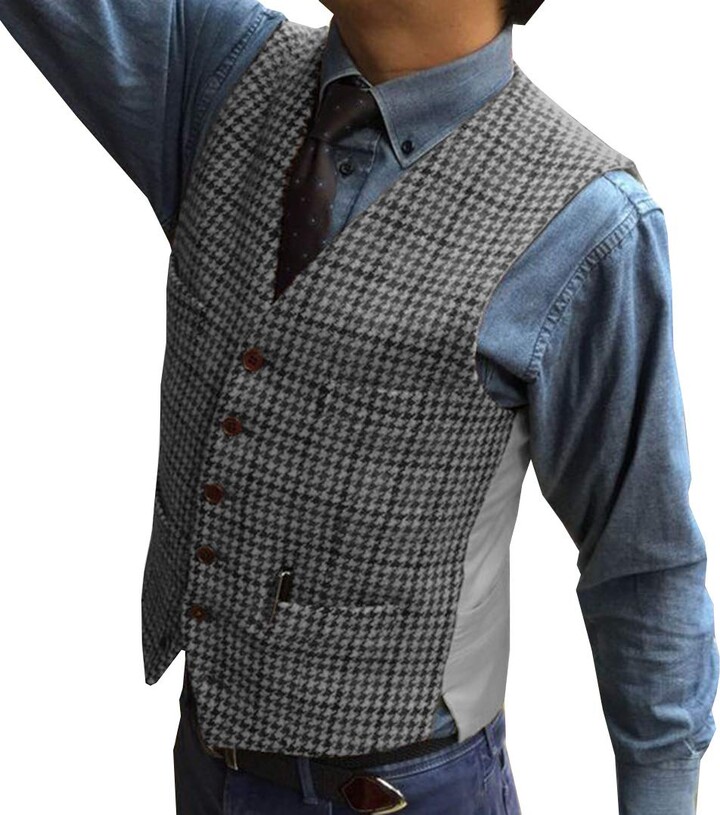 Solove-Suit Mens Classic Tweed Suit Vest Plaid Slim Fit Waistcoat for ...