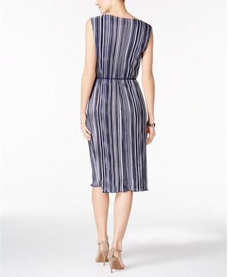 Connected Petite Striped Pleated Belted Dress