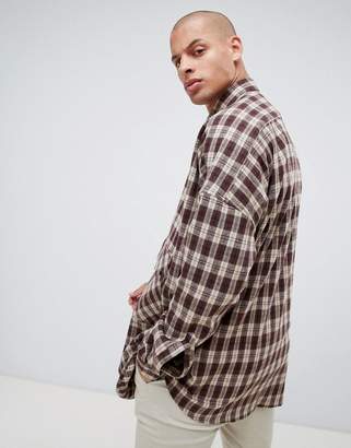 ASOS DESIGN oversized longline check shirt with drop shoulder in brown
