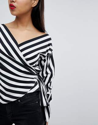 Missguided Striped Exaggerated Sleeve Wrap Top