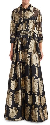 Teri Jon by Rickie Freeman Collared Floral Belted Gown