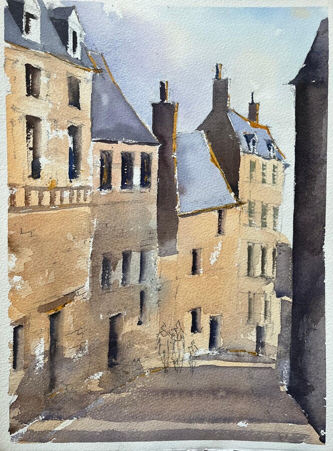 Anthony Avery, British Impressionist Watercolor of a Street Scene with Figures in France