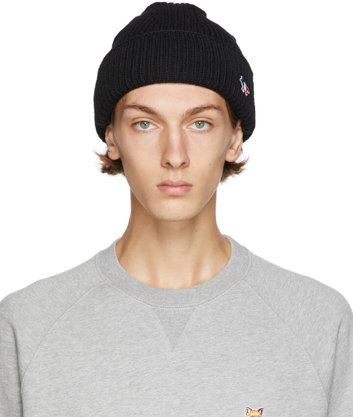 Save 34% Maison Kitsuné Wool Fox Head Patch Ribbed Hat in Black for Men Mens Hats Maison Kitsuné Hats 