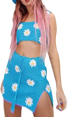 Generic Women Sexy 2 Piece Skirt Sets Crochet Knitted Tank Crop Mini Skirt  with Drawstring Boho Floral Summer Beach Outfits (Blue Large L) - ShopStyle