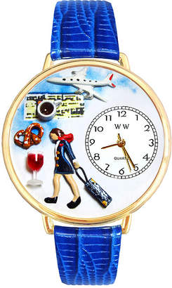 Whimsical Watches Personalized Flight Attendant Womens Gold-Tone Bezel Blue Leather Strap Watch