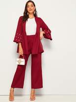 Thumbnail for your product : Shein Pearls Beaded Coat & Wide Leg Pants Set