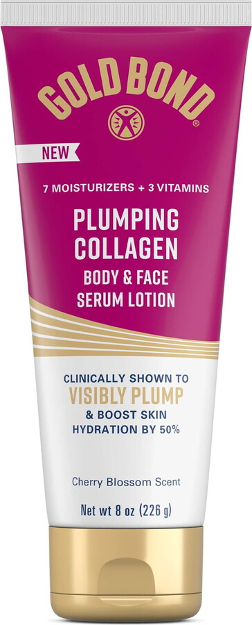 Gold Bond Plumping Collagen Body and Face Serum Lotion, Lightweight Hydrating Moisturizer with Collagen Peptide Complex, Jojoba and Grapeseed Oils to Visibly Plump Skin, Cherry Blossom Scent, 8 oz